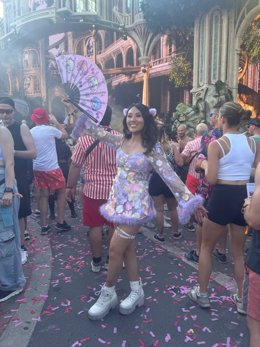 Iheartraves Lavender Floral Sequin Mini Dress with Feather Trim
